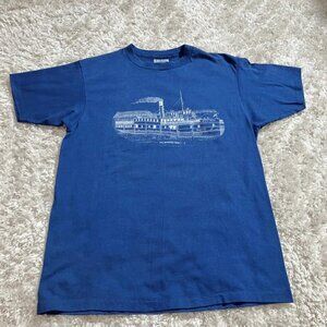 Vintage 80s 90s  t shirt   boat graphic fades | S-M | navy blue white Hanes Fift